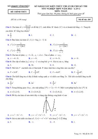 Đề khảo sát kiến thức chuẩn bị cho kỳ thi tốt nghiệp THPT năm 2022 lần 2 môn Toán học 12 - Mã đề thi 205 (Có đáp án)