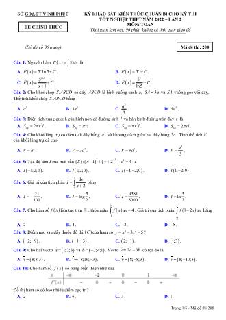 Đề khảo sát kiến thức chuẩn bị cho kỳ thi tốt nghiệp THPT năm 2022 lần 2 môn Toán học 12 - Mã đề thi 208 (Có đáp án)