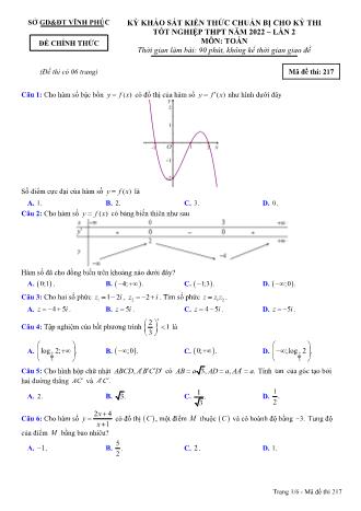 Đề khảo sát kiến thức chuẩn bị cho kỳ thi tốt nghiệp THPT năm 2022 lần 2 môn Toán học 12 - Mã đề thi 217 (Có đáp án)