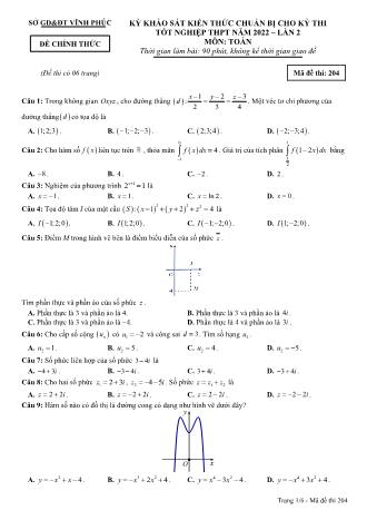 Đề khảo sát kiến thức chuẩn bị cho kỳ thi tốt nghiệp THPT năm 2022 lần 2 môn Toán học 12 - Mã đề thi 204 (Có đáp án)