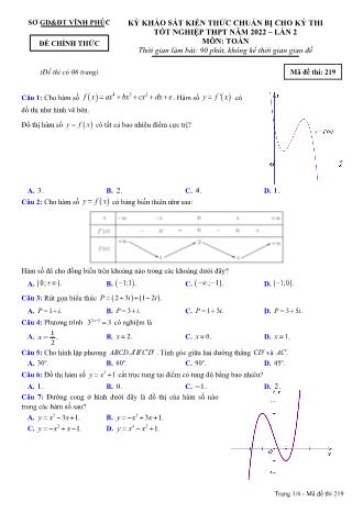Đề khảo sát kiến thức chuẩn bị cho kỳ thi tốt nghiệp THPT năm 2022 lần 2 môn Toán học 12 - Mã đề thi 219 (Có đáp án)
