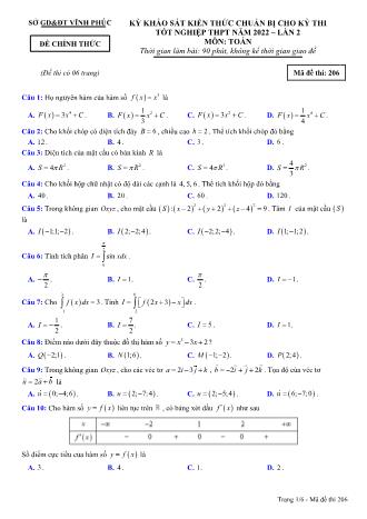 Đề khảo sát kiến thức chuẩn bị cho kỳ thi tốt nghiệp THPT năm 2022 lần 2 môn Toán học 12 - Mã đề thi 206 (Có đáp án)