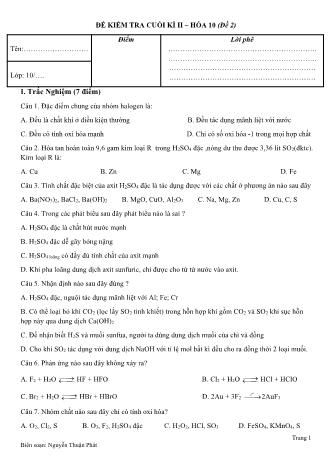Đề kiểm tra cuối kì II môn Hóa 10 - Đề 2 - Nguyễn Thuận Phát