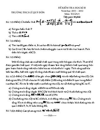 Đề kiểm tra học kì II môn Toán 9 - Năm học 2011-2012 - Trường THCS Lê Quý Đôn