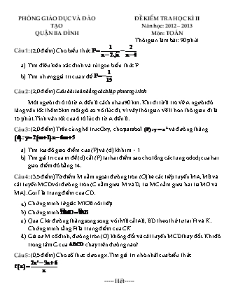 Đề kiểm tra học kì II môn Toán 9 - Năm học 2012-2013