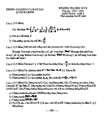 Đề kiểm tra học kỳ II môn Toán Lớp 9 - Năm học 2013-2014