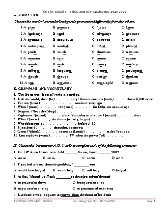 Đề ôn tập bài số 1 môn Tiếng Anh Lớp 12 - Năm học 2020-2021 - Hoàng Văn Hợi