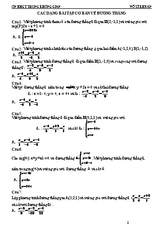 Đề ôn thi môn Toán 12 - Các dạng bài tập cơ bản về đường thẳng - Võ Sĩ Khuân