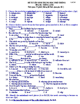 Đề ôn thi tuyển sinh vào lớp 10 THPT môn Tiếng Anh 9 - Đề số 24