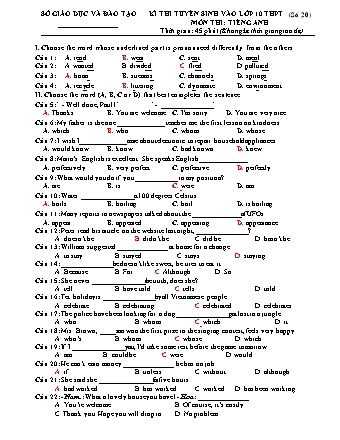 Đề ôn thi tuyển sinh vào lớp 10 THPT môn Tiếng Anh 9 - Đề số 20