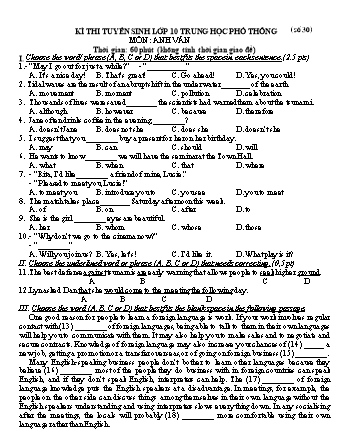 Đề ôn thi tuyển sinh vào lớp 10 THPT môn Tiếng Anh 9 - Đề số 30