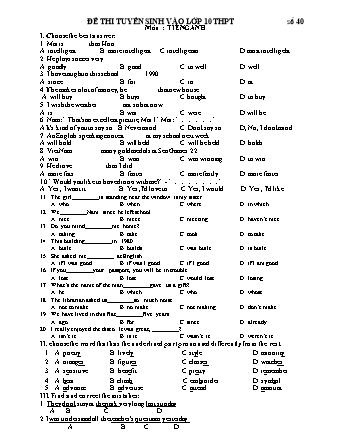 Đề ôn thi tuyển sinh vào lớp 10 THPT môn Tiếng Anh 9 - Đề số 40
