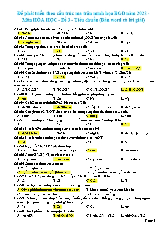 Đề phát triển theo cấu trúc ma trận minh họa BGD năm 2022 môn Hóa học 12 - Đề 3 (Có đáp án)