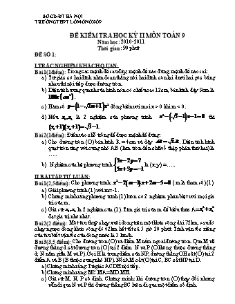 Đề thi học kỳ 2 môn Toán 9 - Năm học 2010-2011 (Có đáp án)