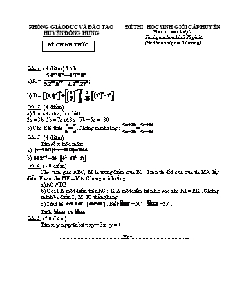 Đề thi học sinh giỏi cấp huyện môn Toán Lớp 7 - Phòng GD & ĐT huyện Đông Hưng (Có đáp án)