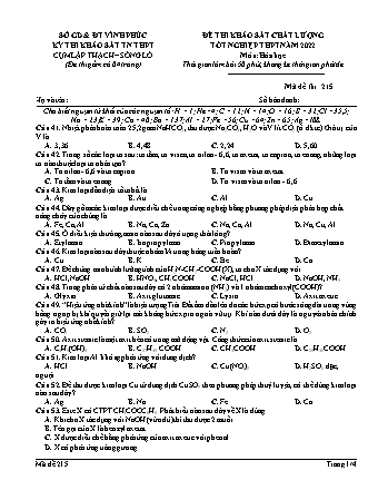 Đề thi khảo sát chất lượng tốt nghiệp THPT năm 2022 môn Hóa học 12 - Mã đề 215 (Có đáp án)