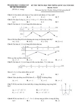 Đề thi tham khảo kì thi tốt nghiệp Trung học Phổ thông Quốc gia năm 2021 môn Toán học 12 (Có đáp án)