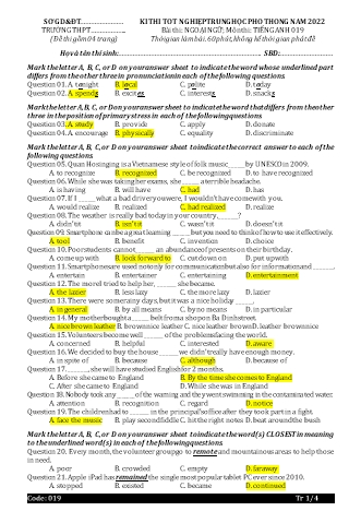 Đề thi thử kì thi tốt nghiệp Trung học Phổ thông Quốc gia năm 2022 môn Tiếng Anh 12 - Mã đề 019 (Có đáp án)