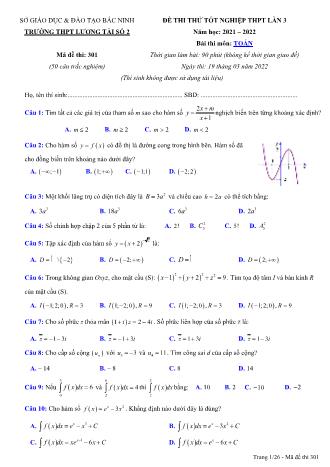 Đề thi thử tốt nghiệp THPT lần 3 môn Toán học 12 - Năm học 2021-2022 (Có đáp án)