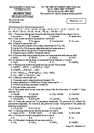 Đề thi thử tốt nghiệp THPT năm 2022 môn Hóa học 12 - Mã đề thi 311 (Có đáp án)