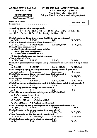 Đề thi thử tốt nghiệp THPT năm 2022 môn Hóa học 12 - Mã đề thi 316 (Có đáp án)