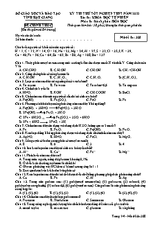 Đề thi thử tốt nghiệp THPT năm 2022 môn Hóa học 12 - Mã đề thi 308 (Có đáp án)