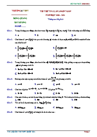 Đề thi thử tốt nghiệp THPT Quốc gia lần 3 môn Toán 12 - Năm học 2020-2021 (Có lời giải)