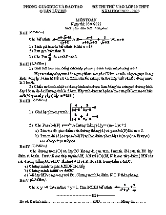 Đề thi thử vào lớp 10 THPT môn Toán 9 - Năm học 2022-2023