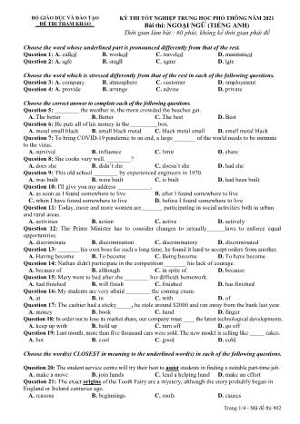 Đề thi tốt nghiệp Trung học Phổ thông môn Tiếng Anh - Năm 2021