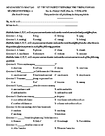 Đề thi tốt nghiệp Trung học Phổ thông Quốc gia năm 2022 môn Tiếng Anh 12 - Đề chuẩn minh họa 13 (Có lời giải)