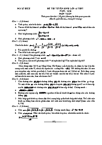 Đề thi tuyển sinh lớp 10 THPT môn Toán 9 - Năm 2020 (Có đáp án)