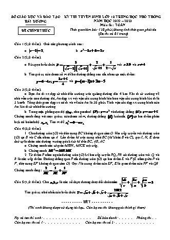 Đề thi tuyển sinh lớp 10 THPT môn Toán 9 - Năm học 2022-2023 - Sở GD & ĐT tỉnh Hải Dương (Có đáp án)