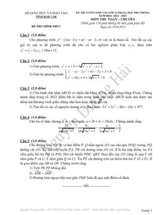 Đề thi tuyển sinh lớp 10 THPT môn Toán Lớp 9 - Năm học 2022-2023 - Nguyễn Dương Hải (Có đáp án)