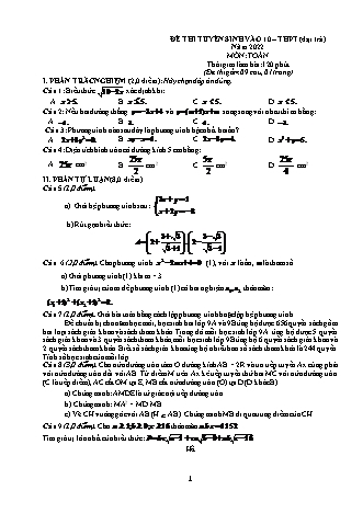 Đề thi tuyển sinh vào 10 THPT (đại trà) môn Toán 9 - Năm 2022 (Có đáp án)