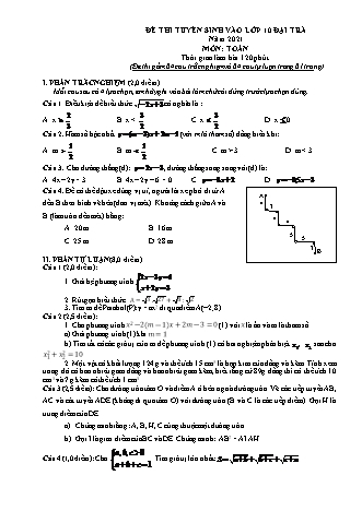 Đề thi tuyển sinh vào lớp 10 đại trà môn Toán - Năm 2021 (Có đáp án)