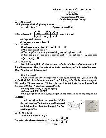 Đề thi tuyển sinh vào lớp 10 THPT môn Toán 9 - Năm 2022 (Có đáp án)