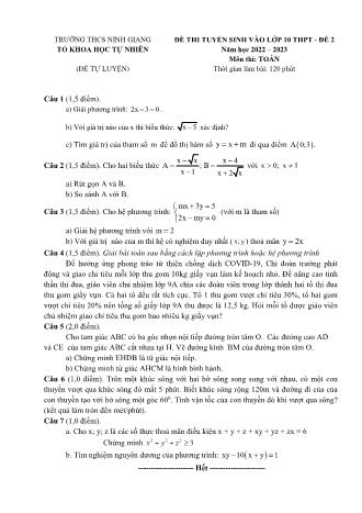 Đề thi tuyển sinh vào lớp 10 THPT môn Toán 9 - Năm học 2022-2023 - Đề 2