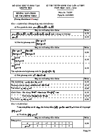 Đề thi tuyển sinh vào lớp 10 THPT môn Toán 9 - Năm học 2022-2023 (Có đáp án)