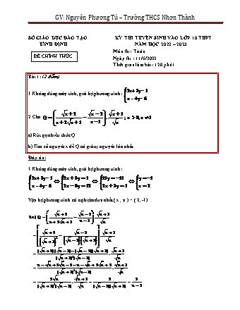 Đề thi tuyển sinh vào lớp 10 THPT môn Toán 9 - Năm học 2022-2023 - Nguyễn Phương Tú (Có đáp án)