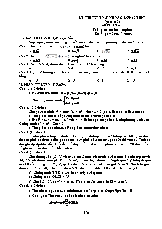 Đề thi tuyển sinh vào lớp 10 THPT môn Toán Lớp 9 - Năm 2022 (Có đáp án)