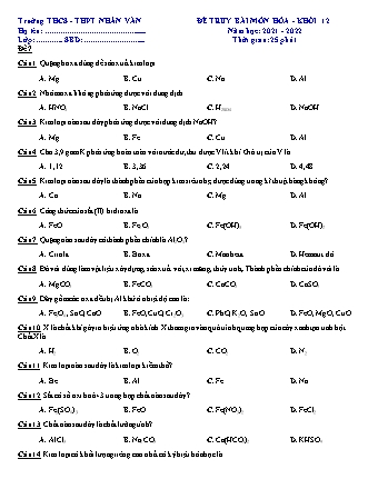 Đề truy bài môn Hóa học 12 - Năm học 2021-2022