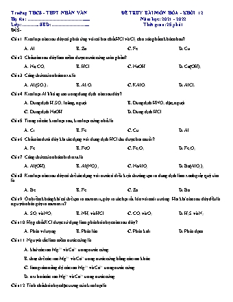 Đề truy bài môn Hóa học Khối 12 - Năm học 2021-2022