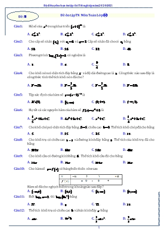 Đề tuyển chọn ôn tập thi Tốt nghiệp THPT môn Toán học 12 - Năm học 2020-2021 - Đề 11 (Có lời giải)