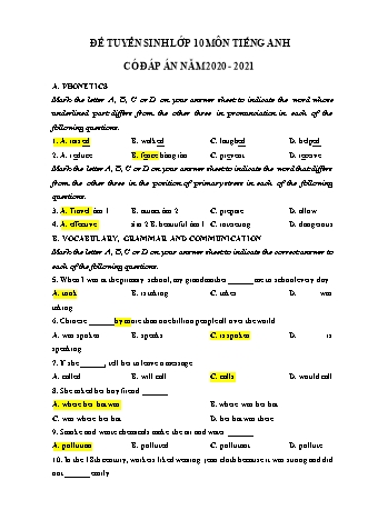 Đề tuyển sinh lớp 10 môn Tiếng Anh - Năm học 2020-2021(Có đáp án)