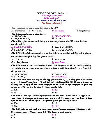 Đề xuất thi THPT Quốc gia năm 2022 môn Hóa học 12 - Năm học 2021-2022 - Đề 15 (Có đáp án và lời giải)