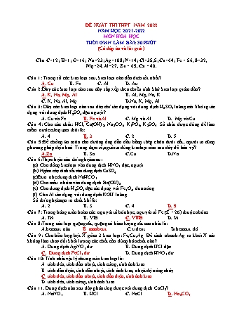 Đề xuất thi THPT Quốc gia năm 2022 môn Hóa học 12 - Năm học 2021-2022 - Đề 11 (Có đáp án và lời giải)
