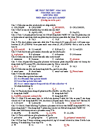 Đề xuất thi THPT Quốc gia năm 2022 môn Hóa học 12 - Năm học 2021-2022 - Đề 5 (Có đáp án và lời giải)
