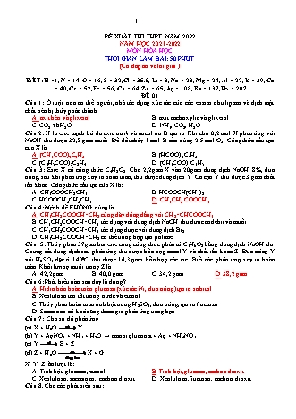 Đề xuất thi THPT Quốc gia năm 2022 môn Hóa học 12 - Năm học 2021-2022 - Đề 16 (Có đáp án và lời giải)