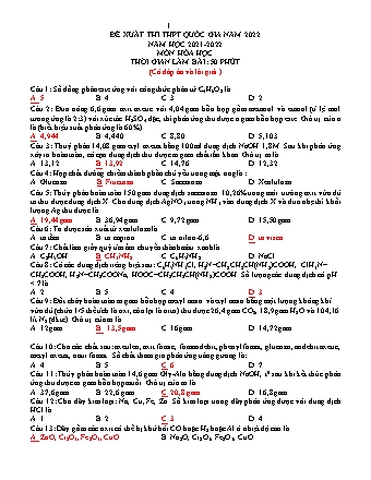 Đề xuất thi THPT Quốc gia năm 2022 môn Hóa học 12 - Năm học 2021-2022 - Đề 1 (Có đáp án và lời giải)