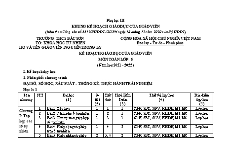 Kế hoạch giáo dục của giáo viên môn Toán Lớp 6 - Phụ lục III - Năm học 2021-2022 - Nguyễn Trọng Ly